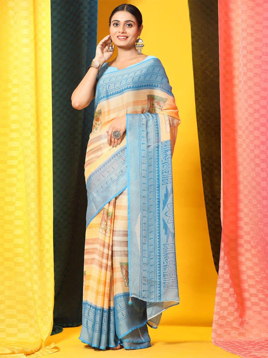 

Phenav Striped Brasso Patola Saree, Yellow