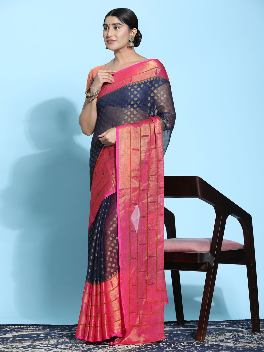 

Phenav Polka Dot Zari Brasso Patola Saree, Navy blue