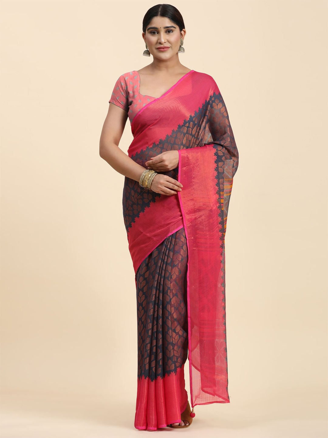 

Phenav Ethnic Motifs Printed Zari Brasso Kanjeevaram Saree, Navy blue