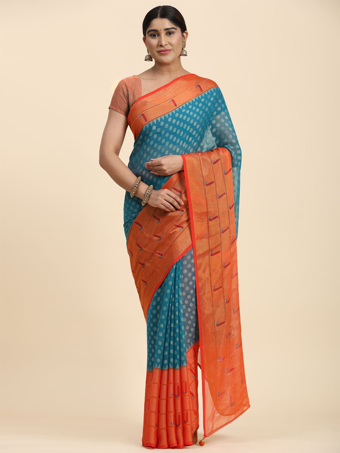 

Phenav Polka Dot Printed Zari Brasso Patola Saree, Blue