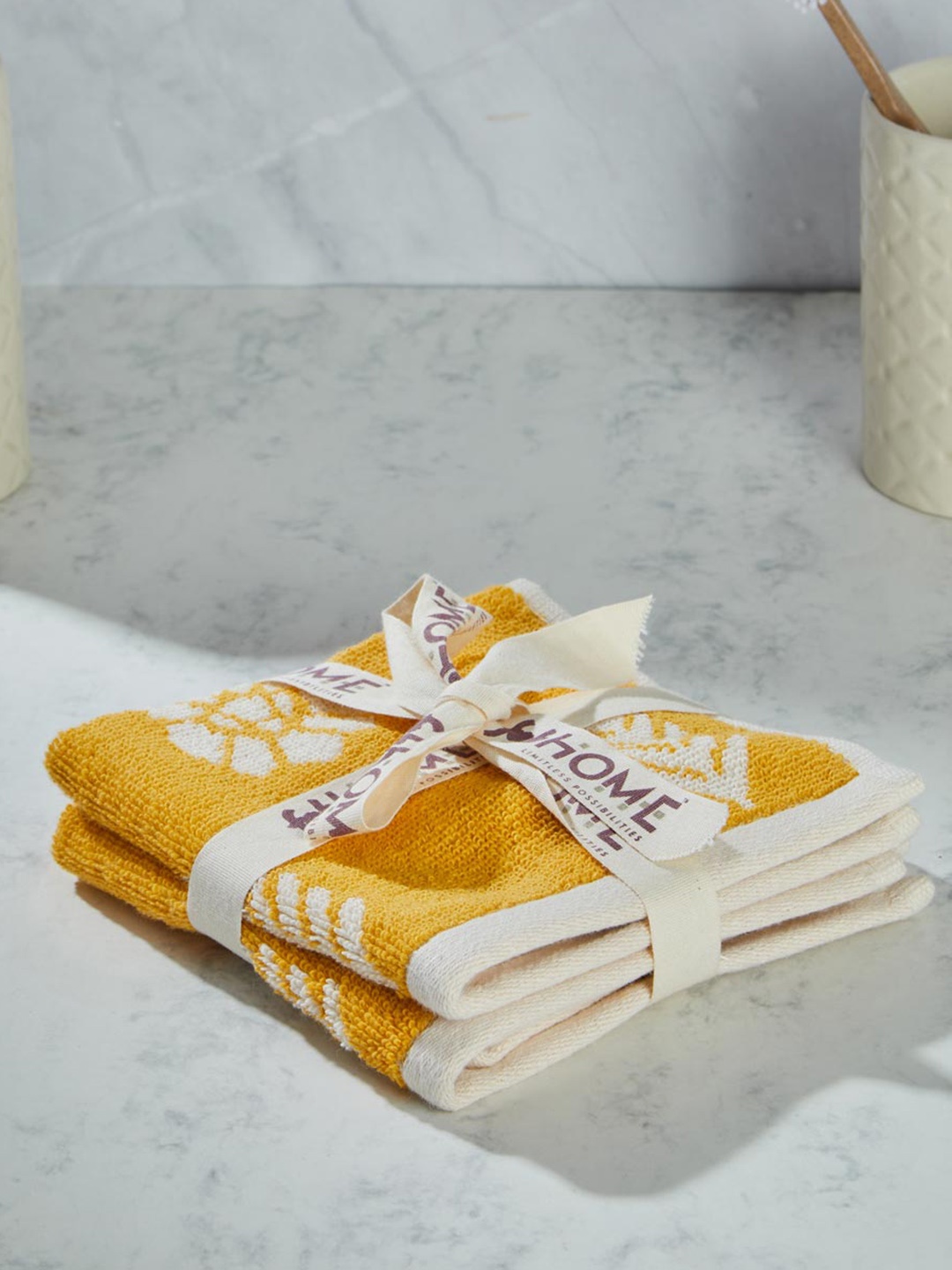

Fabindia Siena Buti Yellow & Cream Coloured 2 Pieces 550 GSM Cotton Woven Face Towel