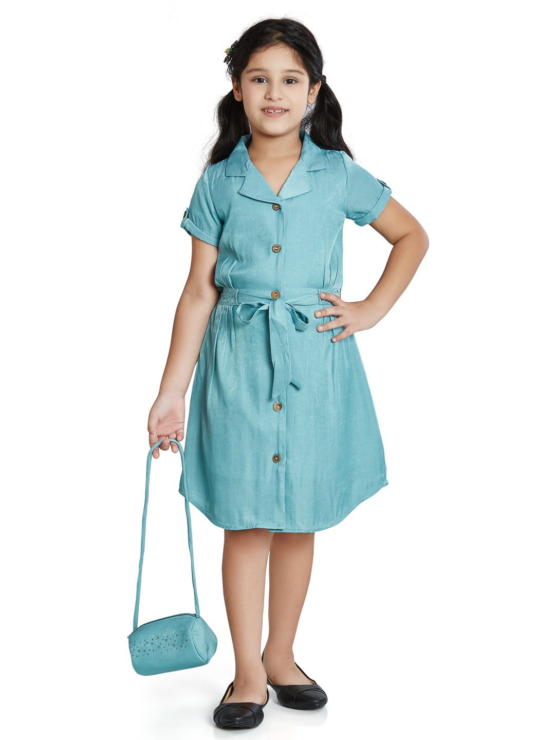 

Peppermint Girls Shirt Collar Tie Ups Shirt Dress, Sea green