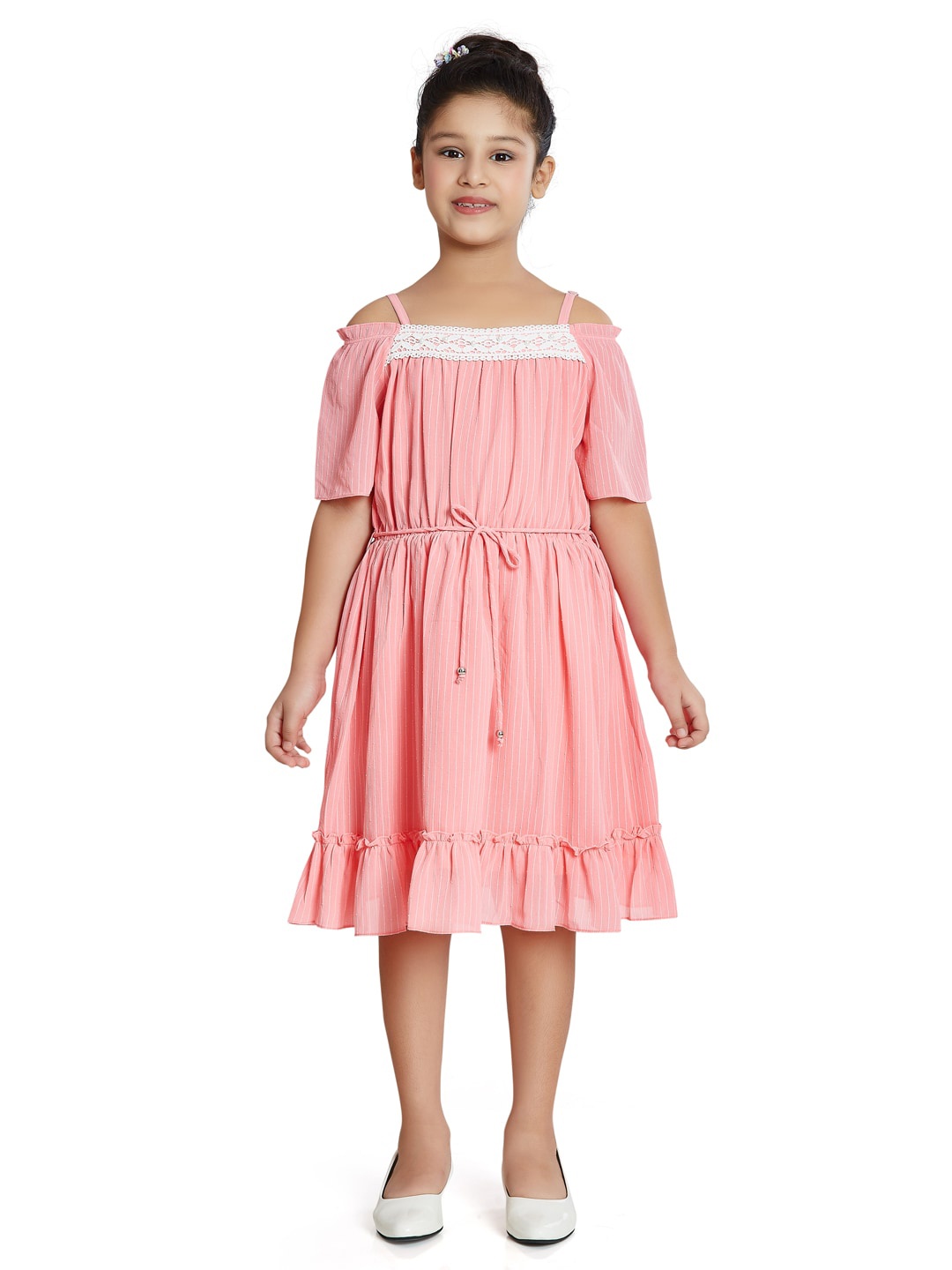

Peppermint Girls Cold Shoulder Sleeves Shoulder Straps Tie Up Chiffon Fit & Flare Dress, Pink