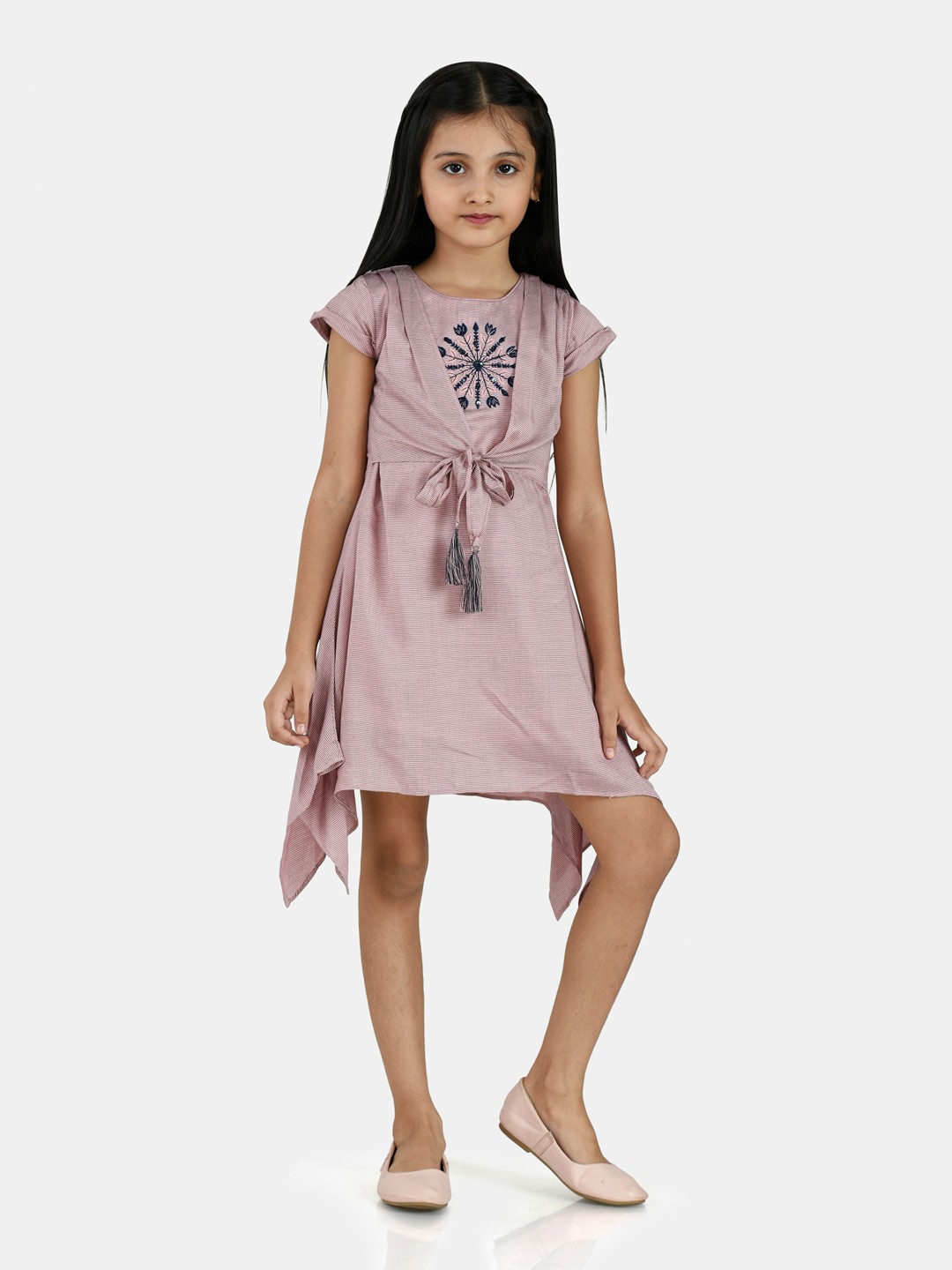

Peppermint Girls Striped Floral Embroidered Printed Cotton A-Line Dress, Peach
