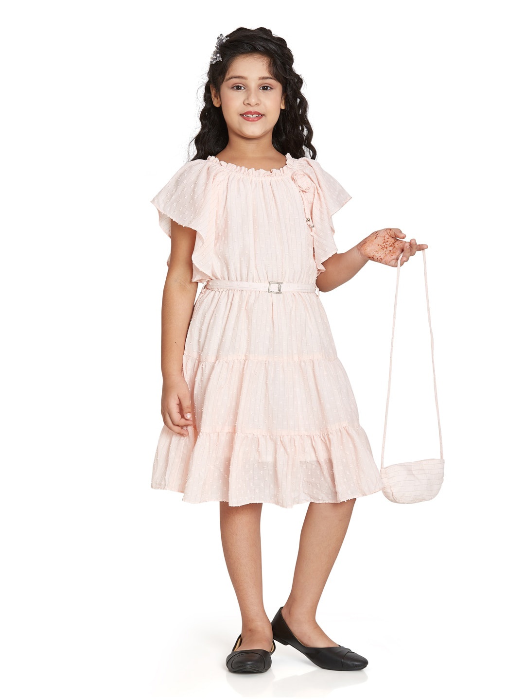 

Peppermint Girls Embellished Flutter Sleeves Belted Fit & Flare Dress, Peach