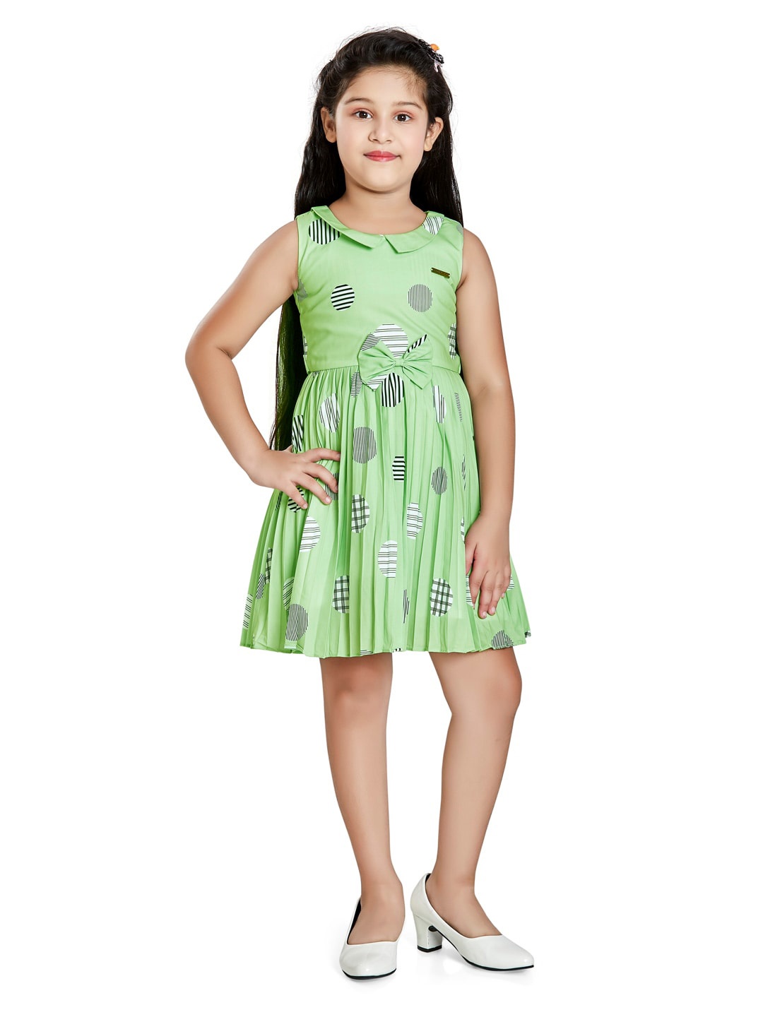 

Peppermint Girls Geometric Printed Bow Satin Fit & Flare Dress, Lime green