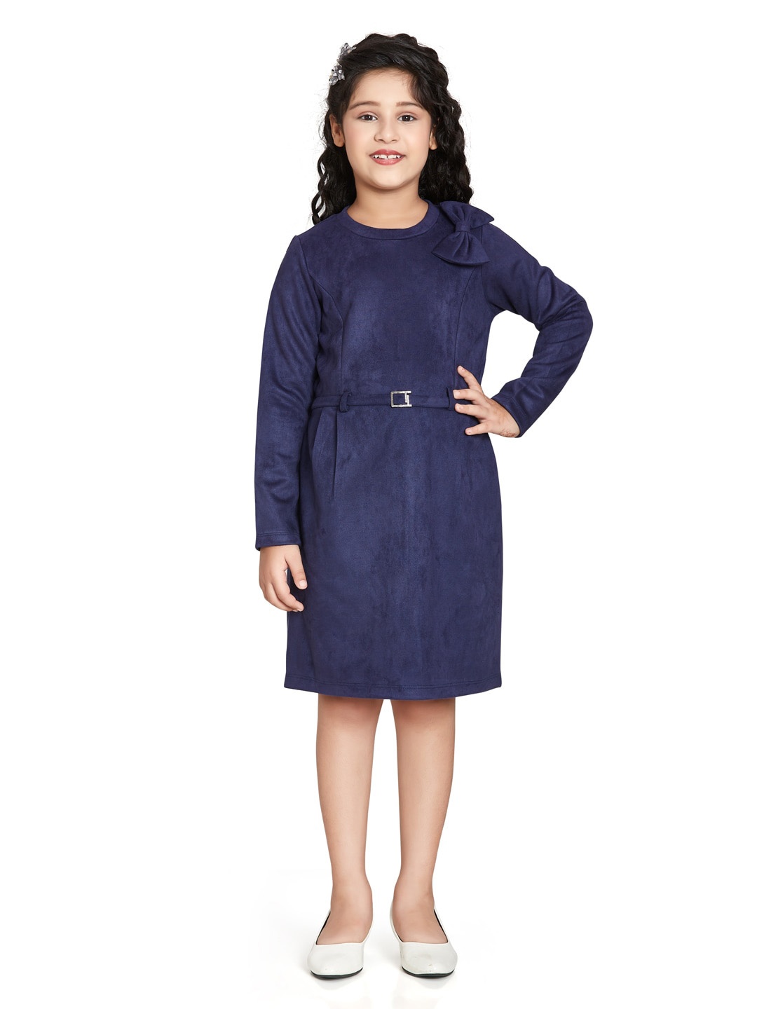 

Peppermint Girls Round Neck Bow & Belted A Line Dress, Navy blue