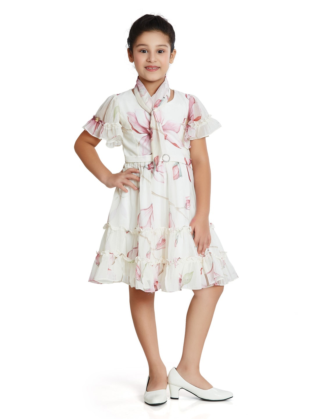 

Peppermint Girls Floral Printed Flared Sleeves Satin Fit & Flare Dress, Cream