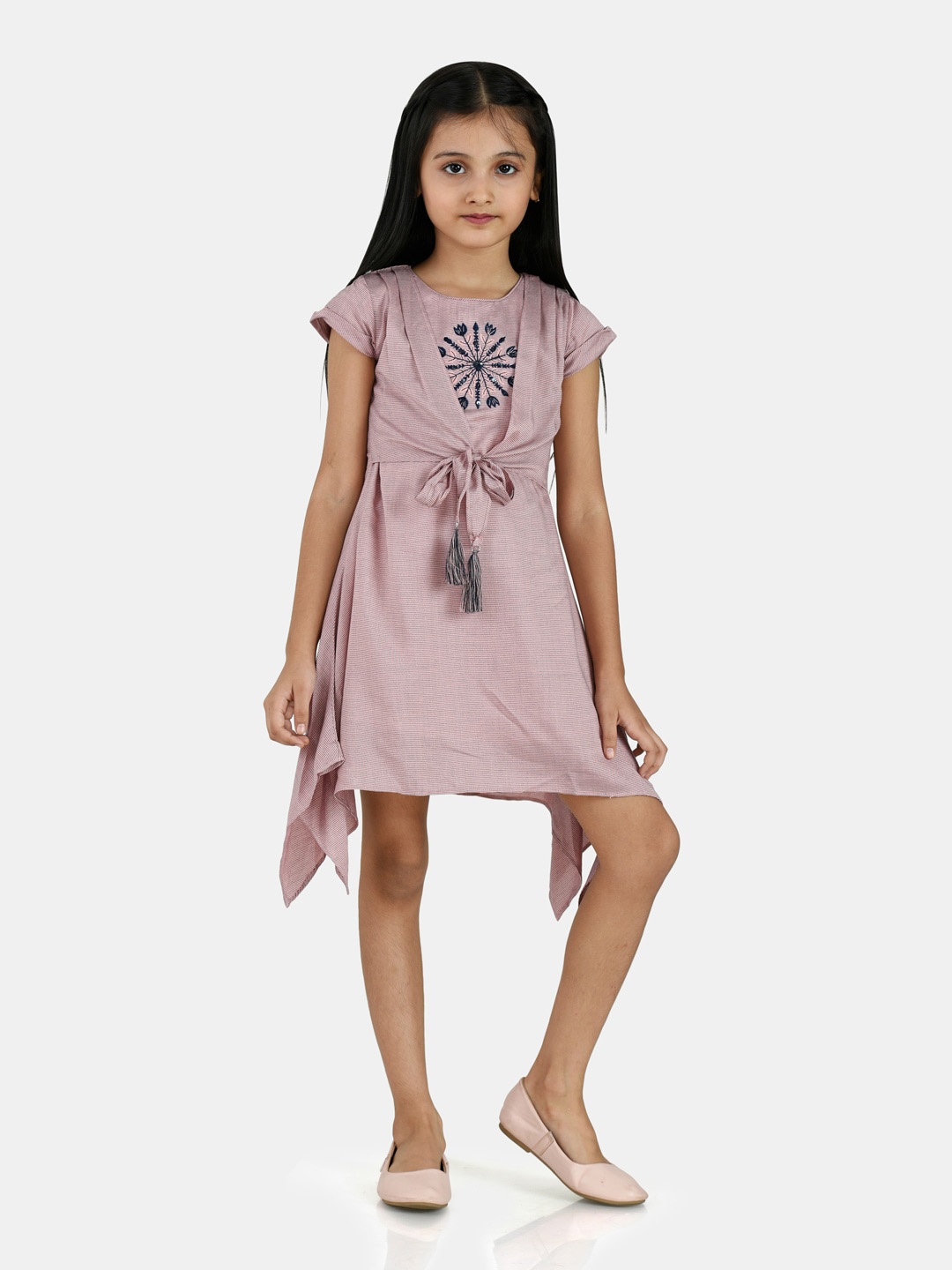 

Peppermint Girls Striped Embroidered & Tie Up Cotton A Line Dress, Pink