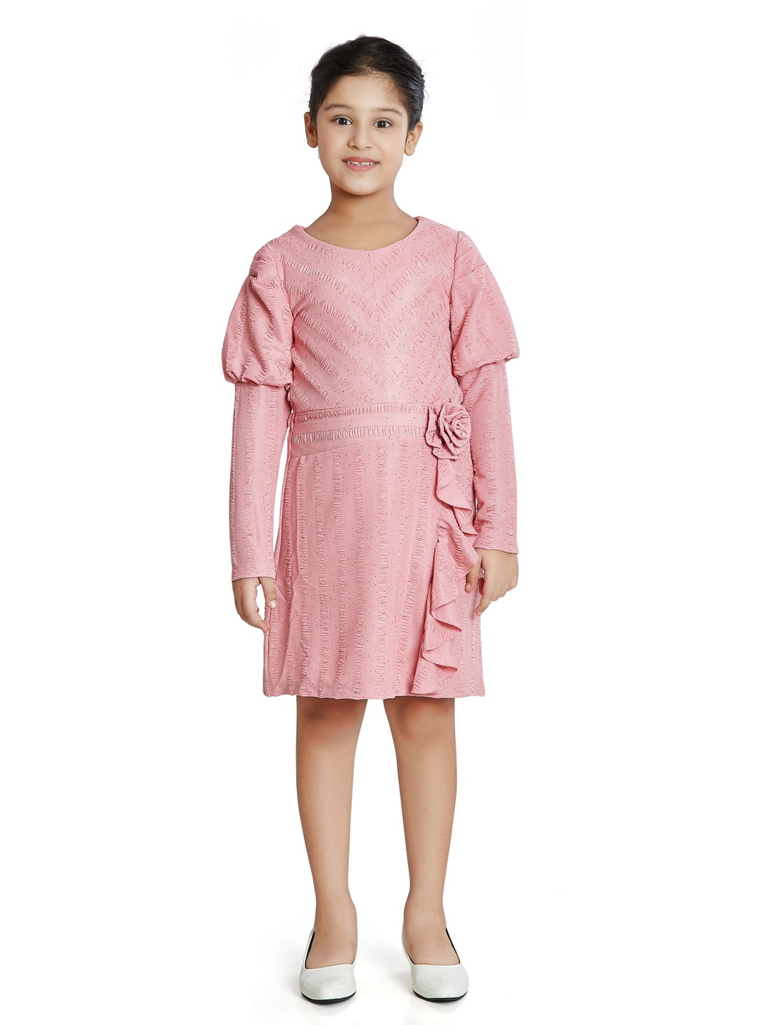 

Peppermint Self Design Puff Sleeves Ruffles A-Line Dress, Pink