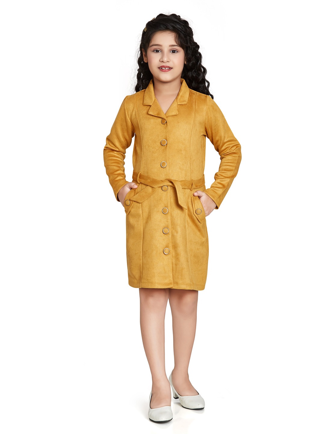 

Peppermint Girls Shirt Collar Long Sleeves Shirt style Dress, Mustard