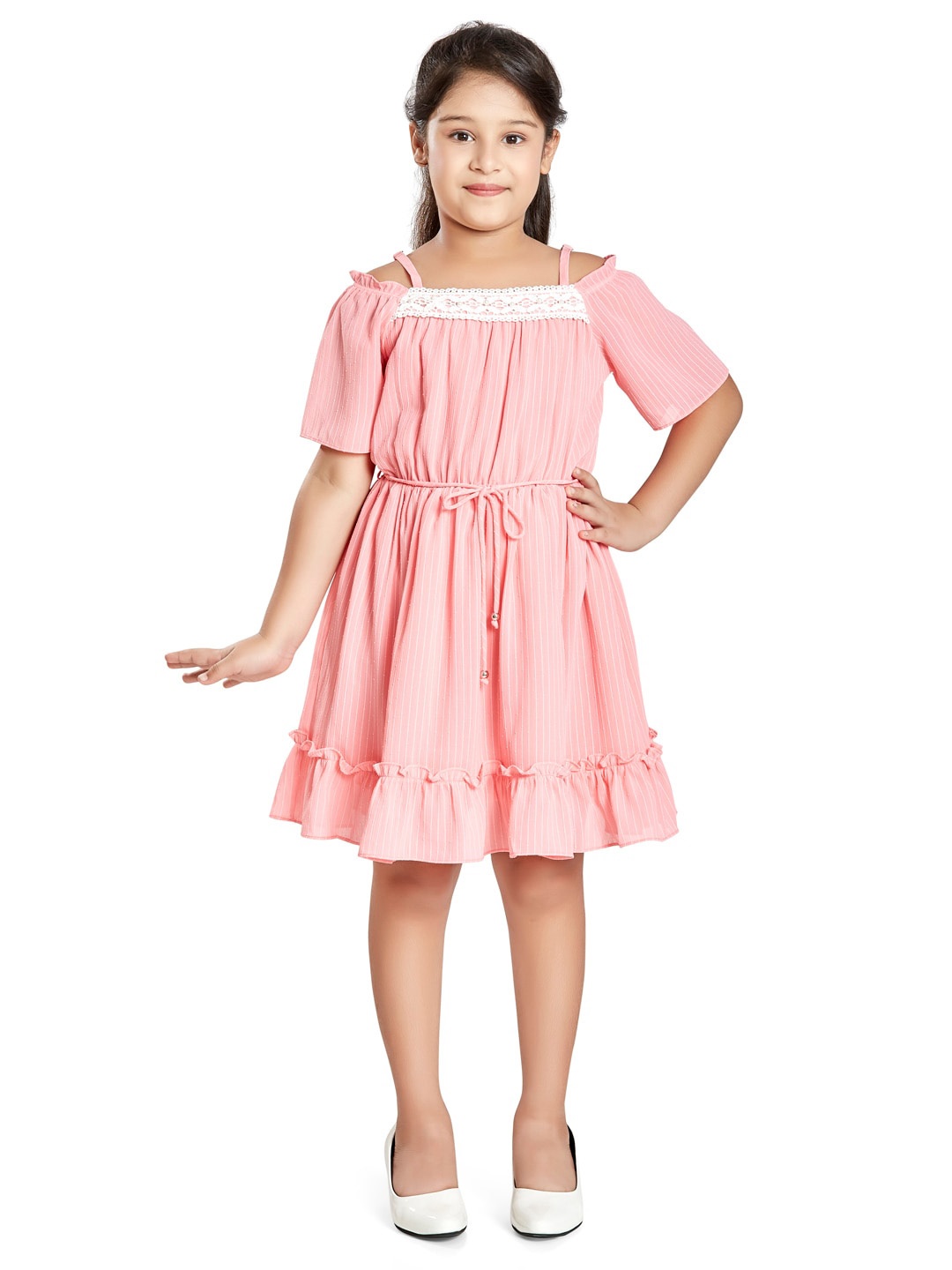 

Peppermint Girls Striped Cold-Shoulder Chiffon Fit & Flare Dress, Pink
