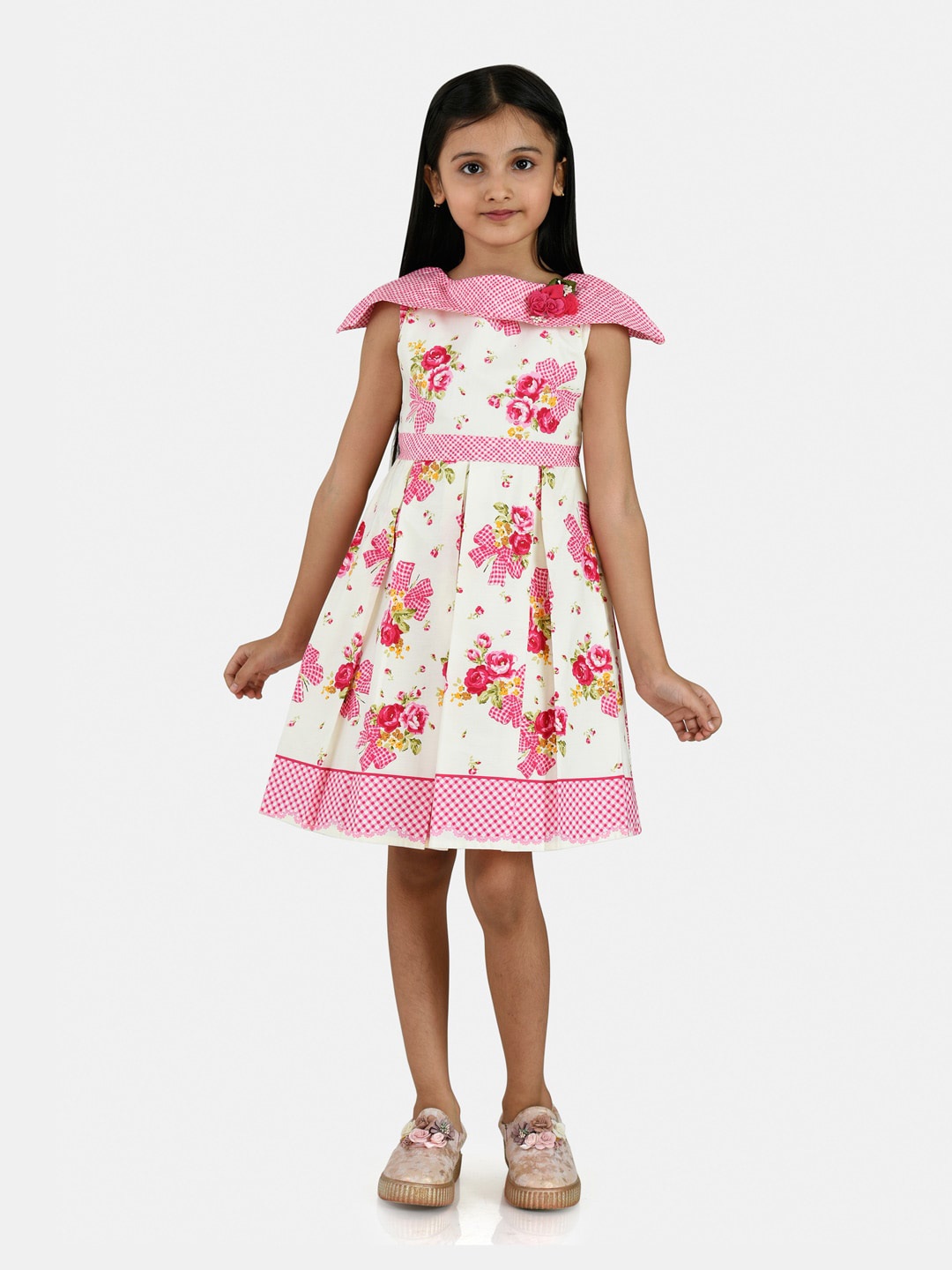 

Peppermint Girls Floral Printed Square Neck Pure Cotton Fit & Flare Dress, Pink