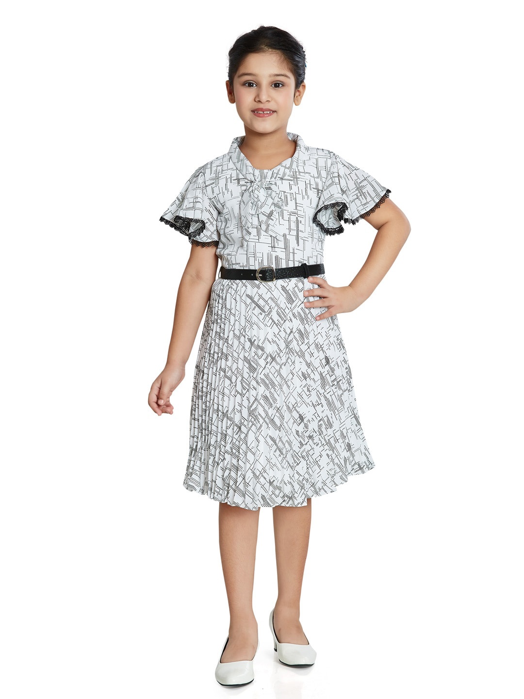 

Peppermint Girls Abstract Printed High Neck Flutter Sleeves Belted Detail A-Line Dress, White