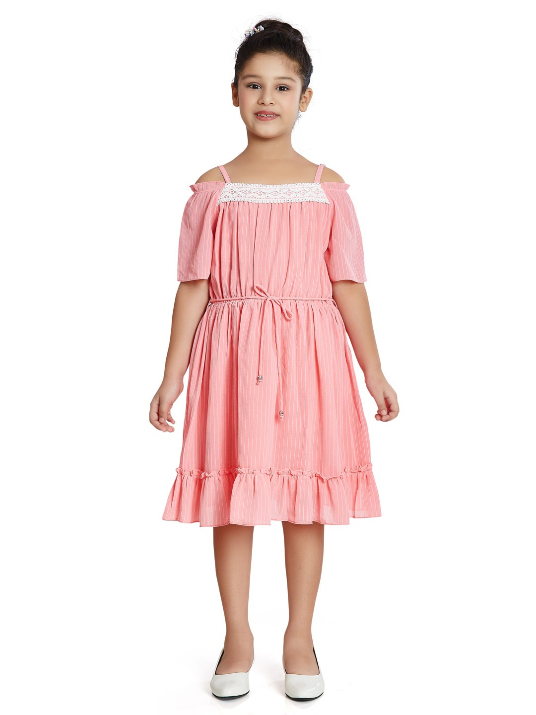 

Peppermint Girls Striped Shoulder Straps Chiffon Fit & Flare Dress, Pink