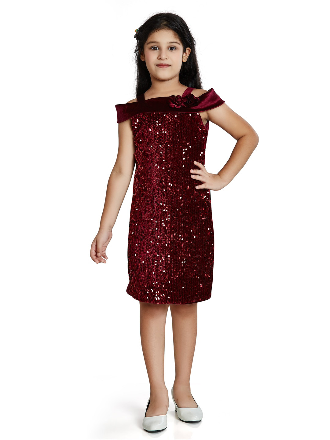

Peppermint Girls Embellished Cold Shoulder Sleeve Bling & Sparkly A Line Dress, Maroon