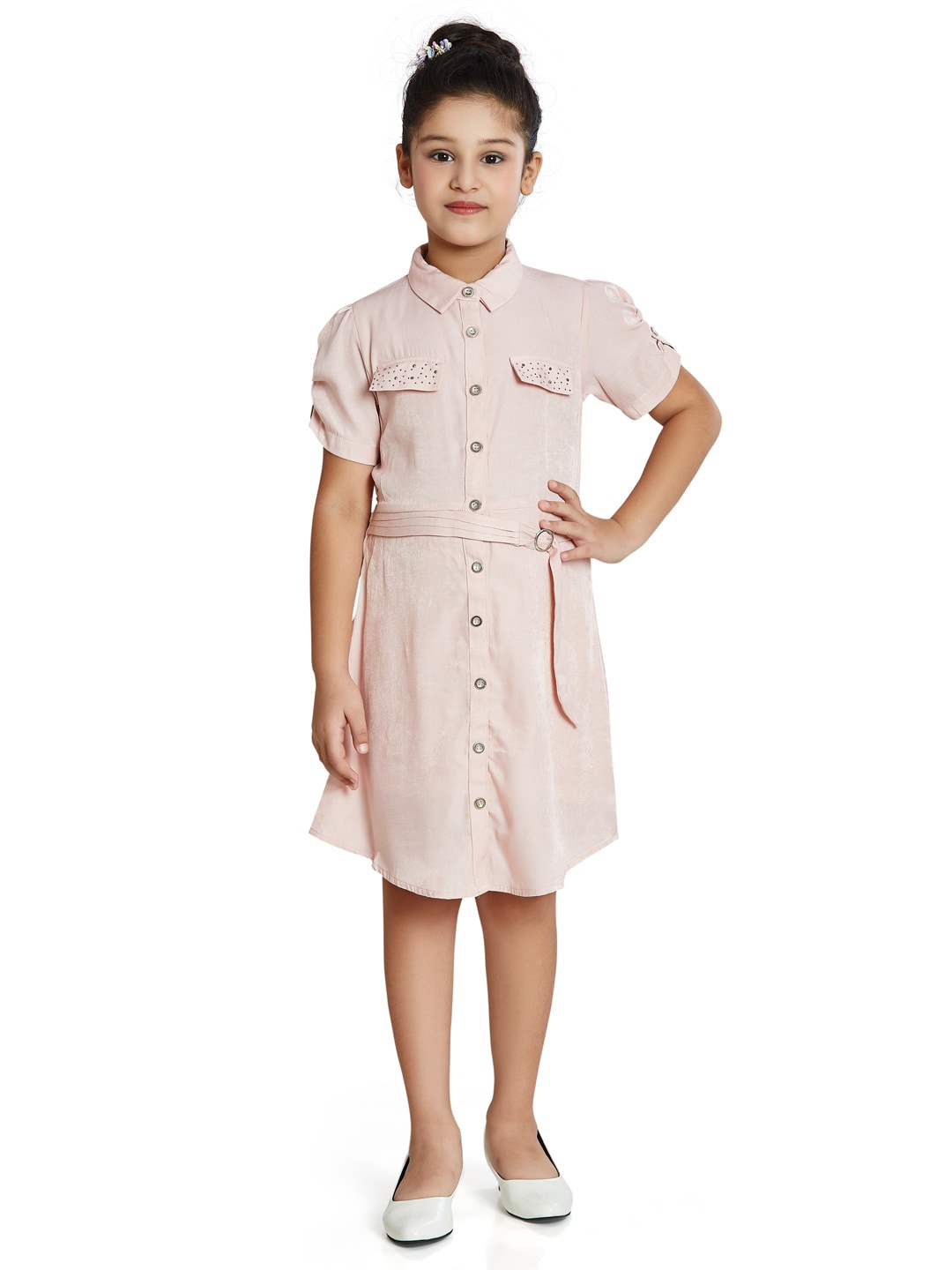 

Peppermint Girls Shirt Collar Roll-Up Sleeves Belted Satin Shirt Dress, Peach