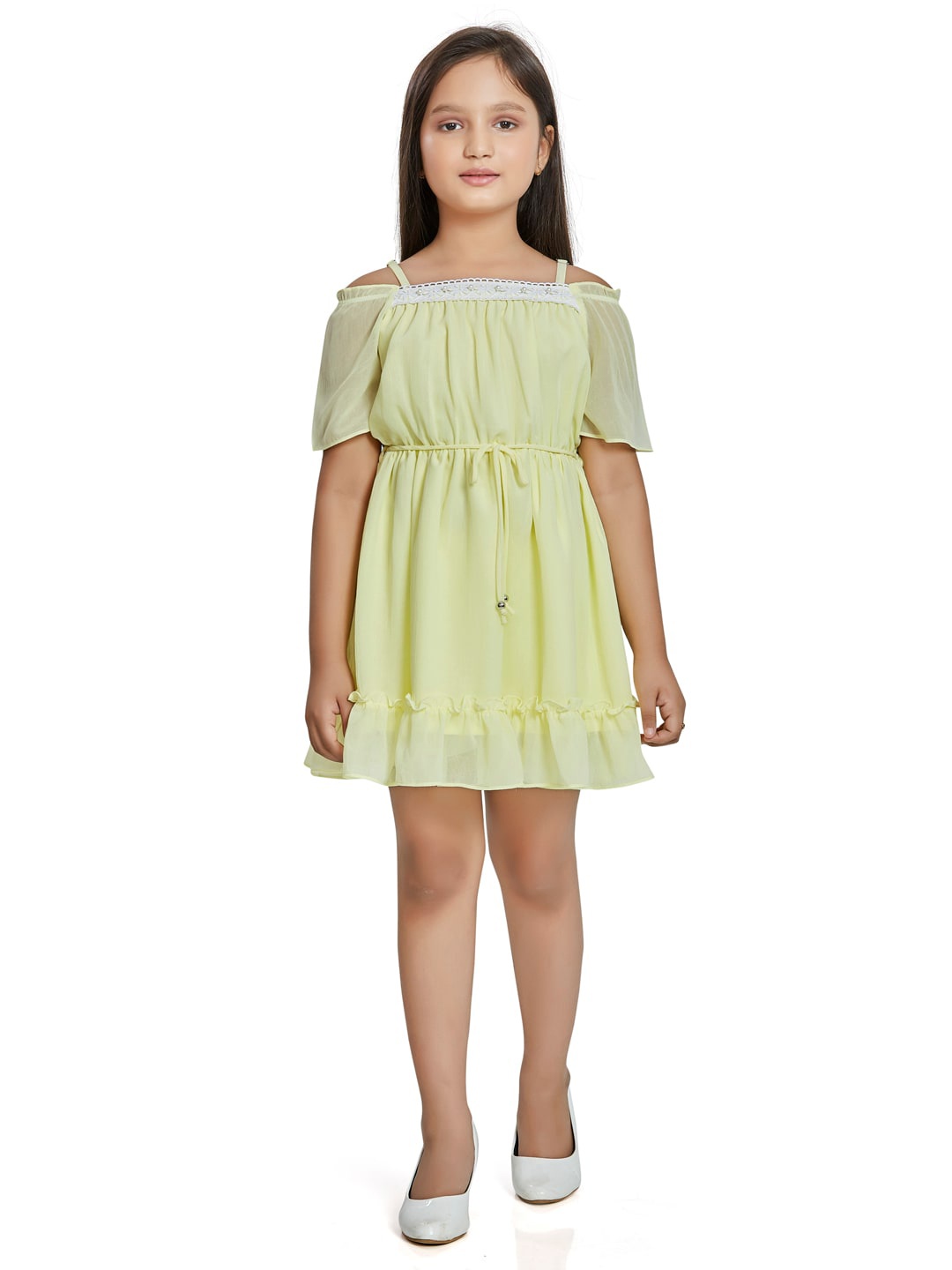

Peppermint Girls Off-Shoulder Gathered & Pleated Fit & Flare Dress, Yellow