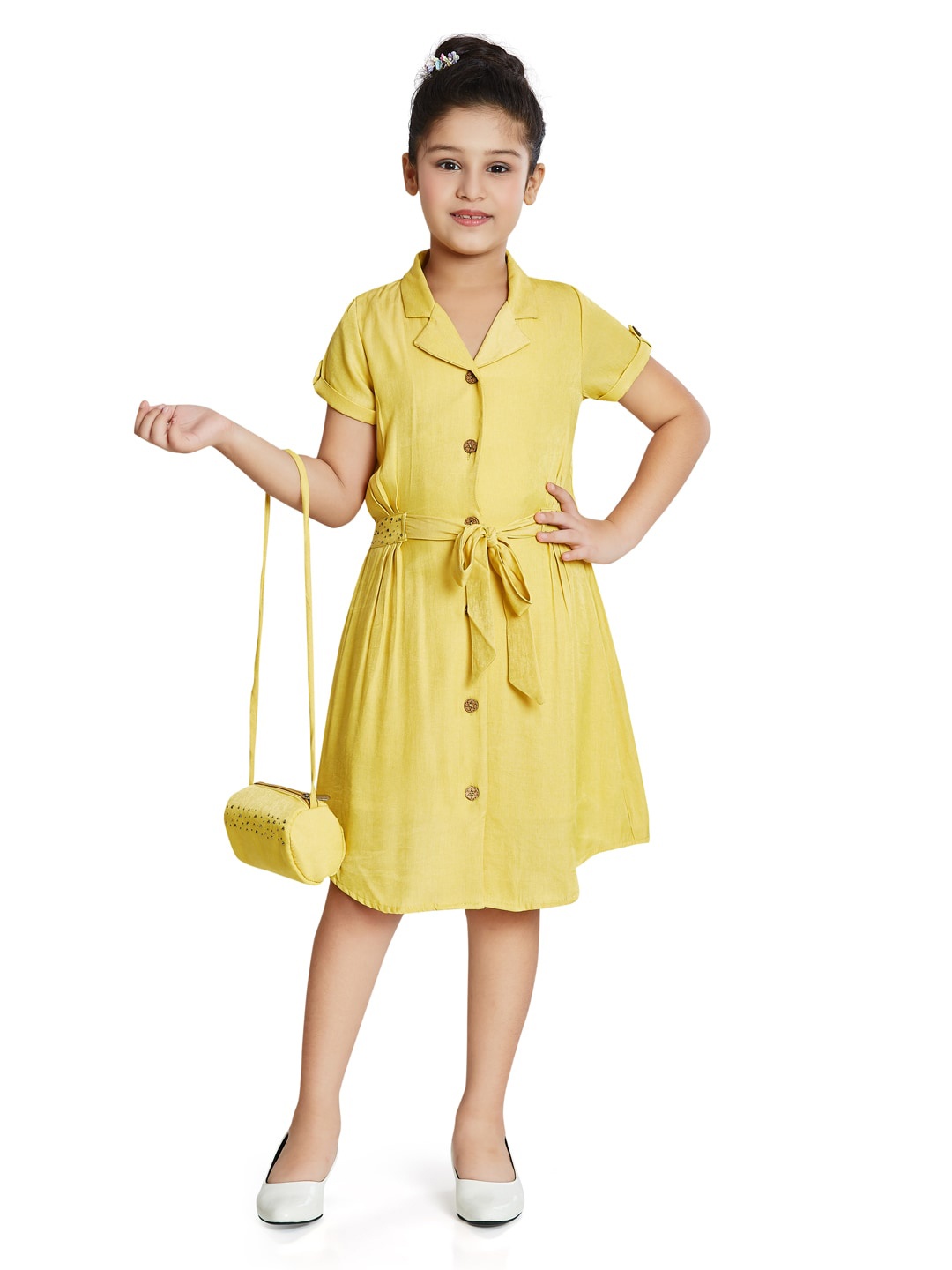

Peppermint Girls Notched Lapel Collar Tie-Up Shirt Style Dress, Mustard