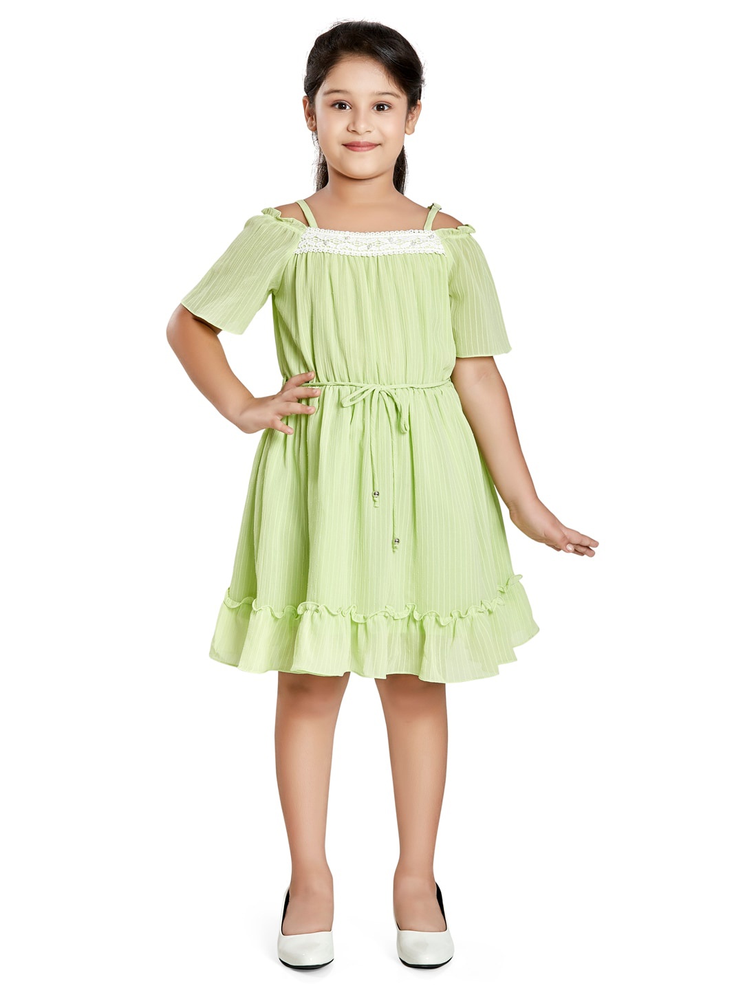 

Peppermint Striped Cold-Shoulder Tie Ups Fit & Flare Dress With Belt, Green