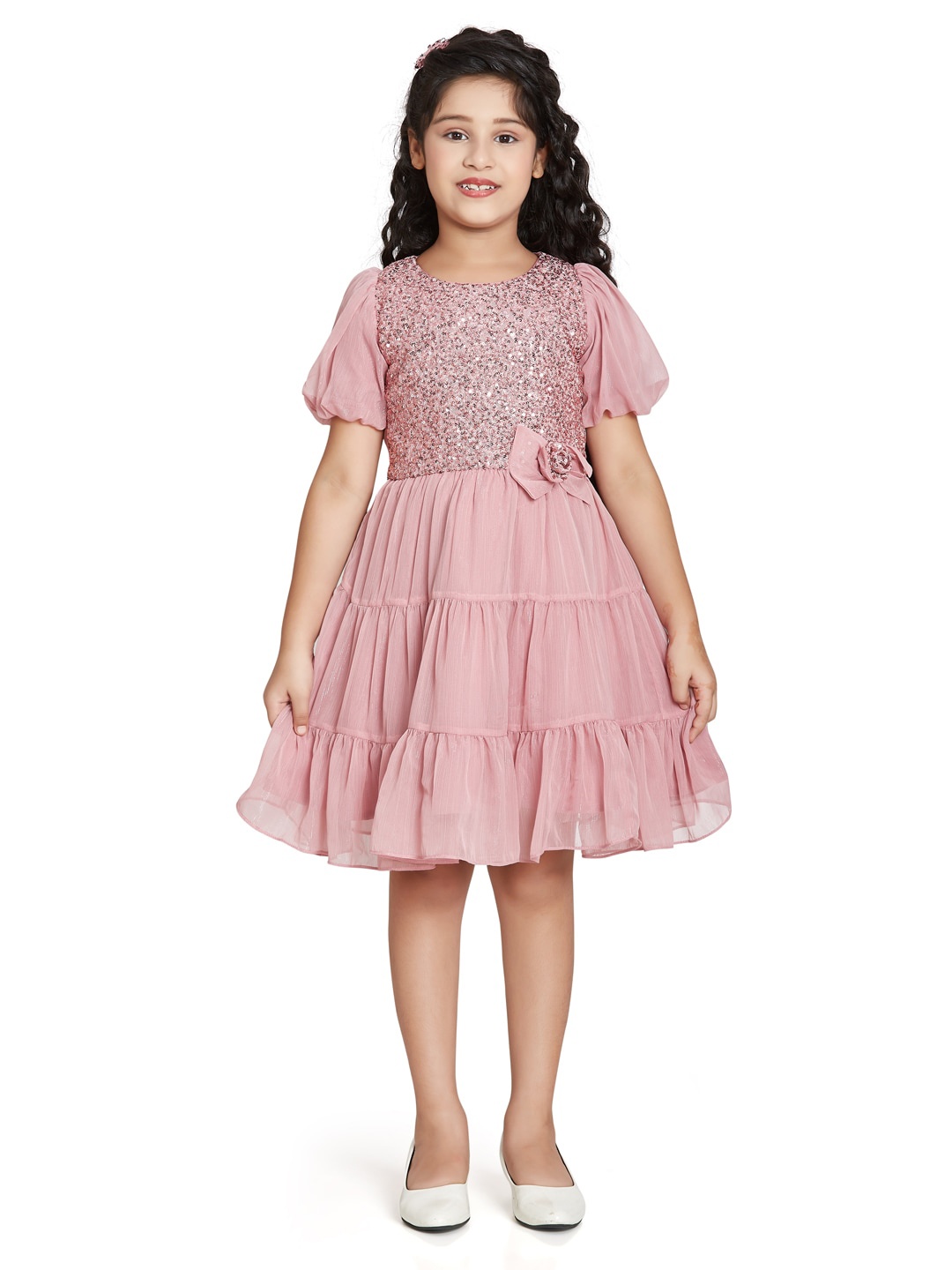 

Peppermint Sequin Embellished Puff Sleeve Tiered Net Fit & Flare Dress, Mauve