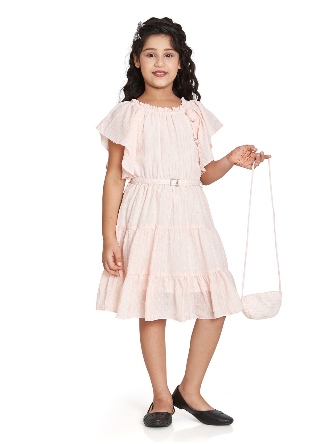 

Peppermint Girls Self Design Tiered Flutter Sleeve CottonFit & Flare Dress, Peach