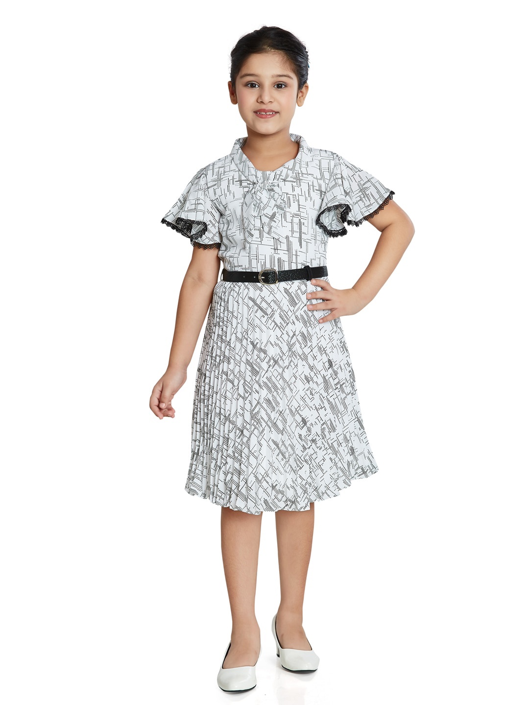 

Peppermint Girls Geometric Printed Tie-Up Neck Lace Insert Satin Fit & Flare Dress, White