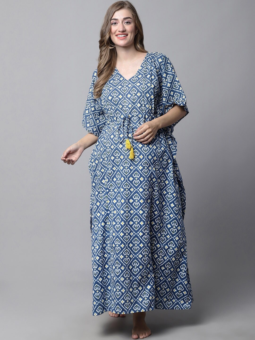 

Secret Wish Ethnic Motifs Printed Maternity Pure Cotton Maxi Nightdress, Blue