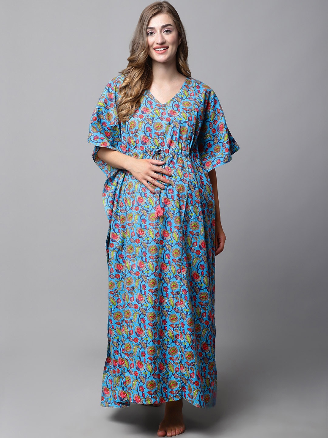 

Secret Wish Floral Printed Maternity Pure Cotton Maxi Nightdress, Blue