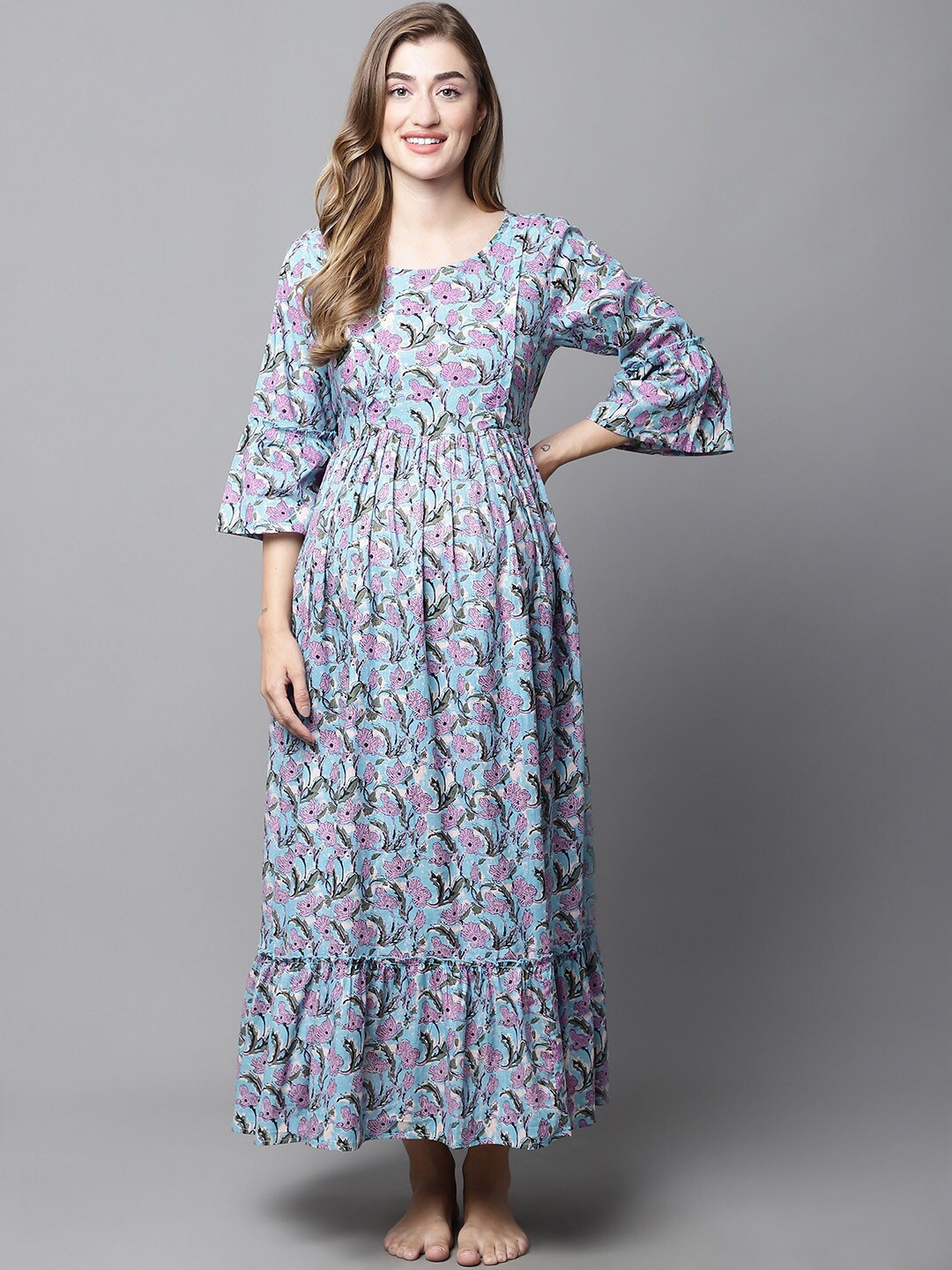 

Secret Wish Floral Printed Pure Cotton Maternity Maxi Nightdress, Purple