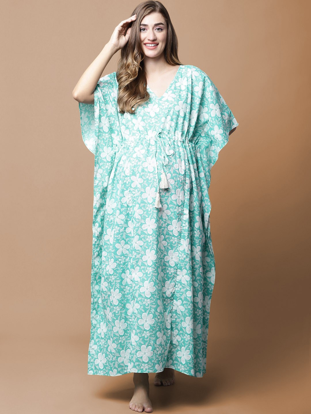 

Secret Wish Floral Printed Pure Cotton Maternity Kaftan Maxi Nightdress, Blue
