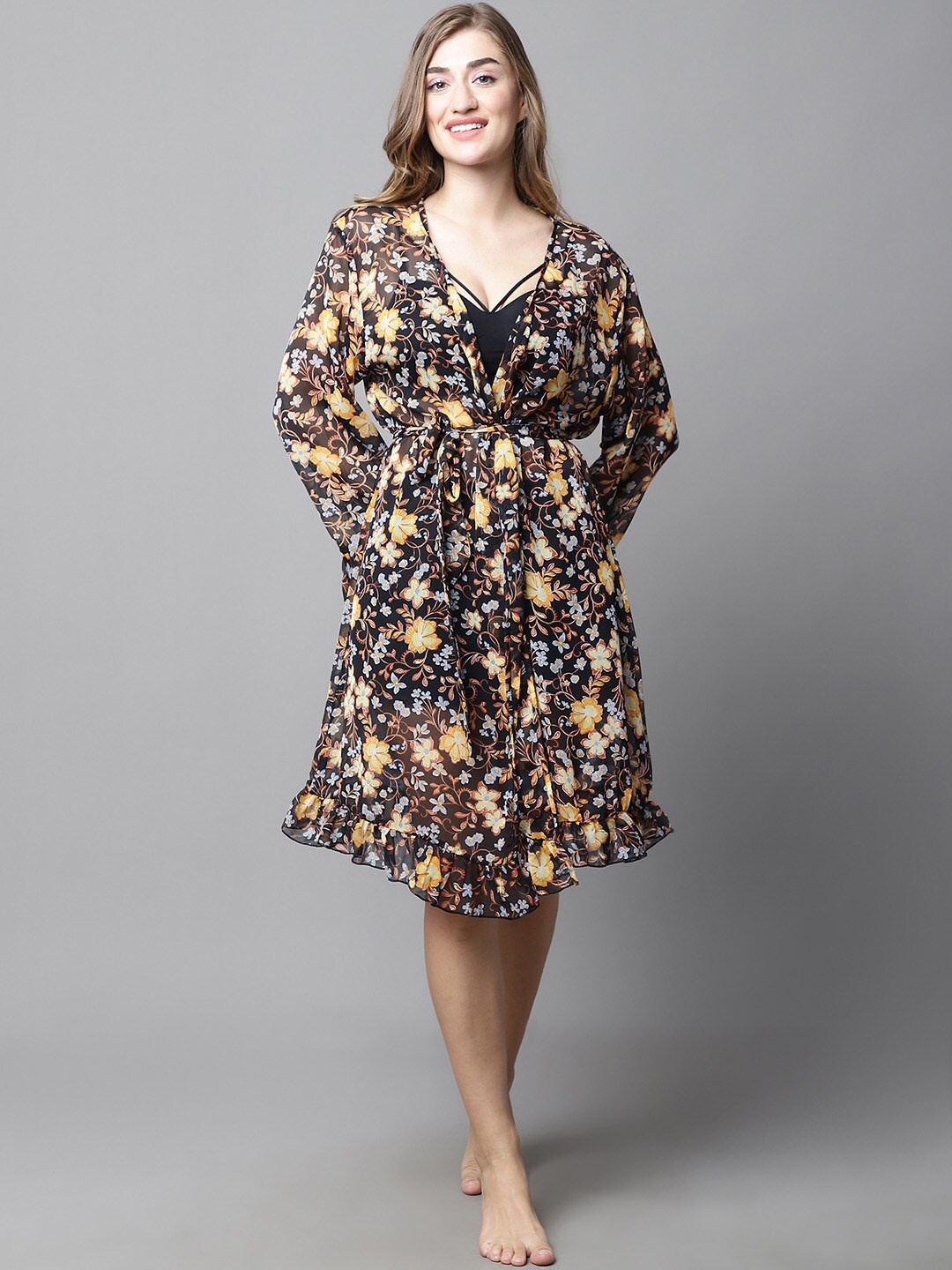 

Secret Wish Floral Printed Swimwear Cover Up Top, Black