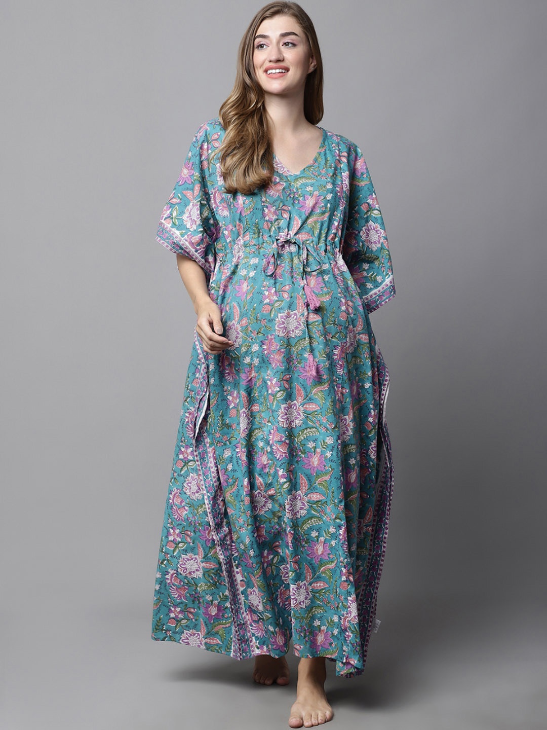 

Secret Wish Floral Printed Pure Cotton Maternity Kaftan Maxi Nightdress, Green