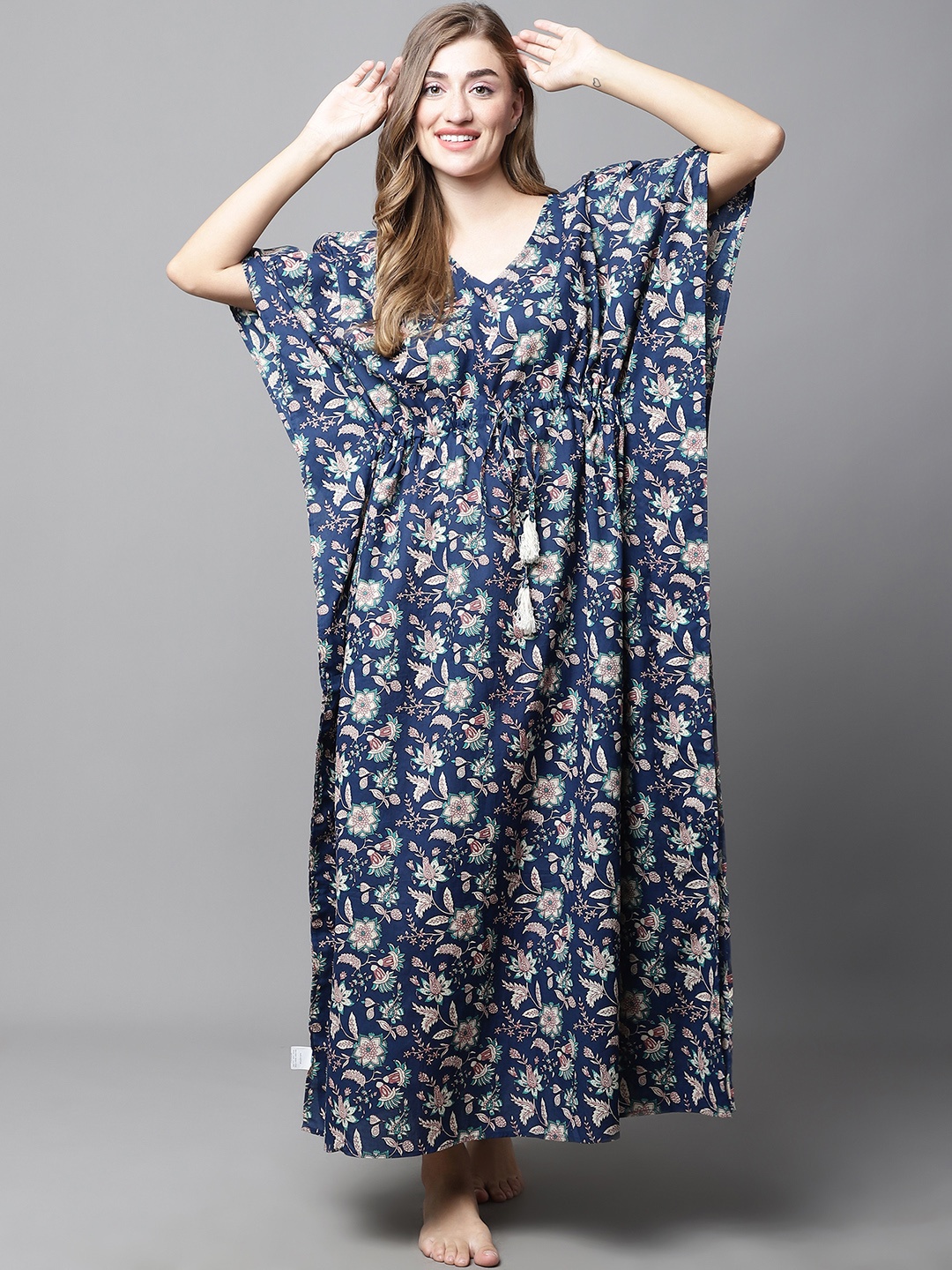 

Secret Wish Floral Printed Pure Cotton Kaftan Maxi Nightdress, Navy blue