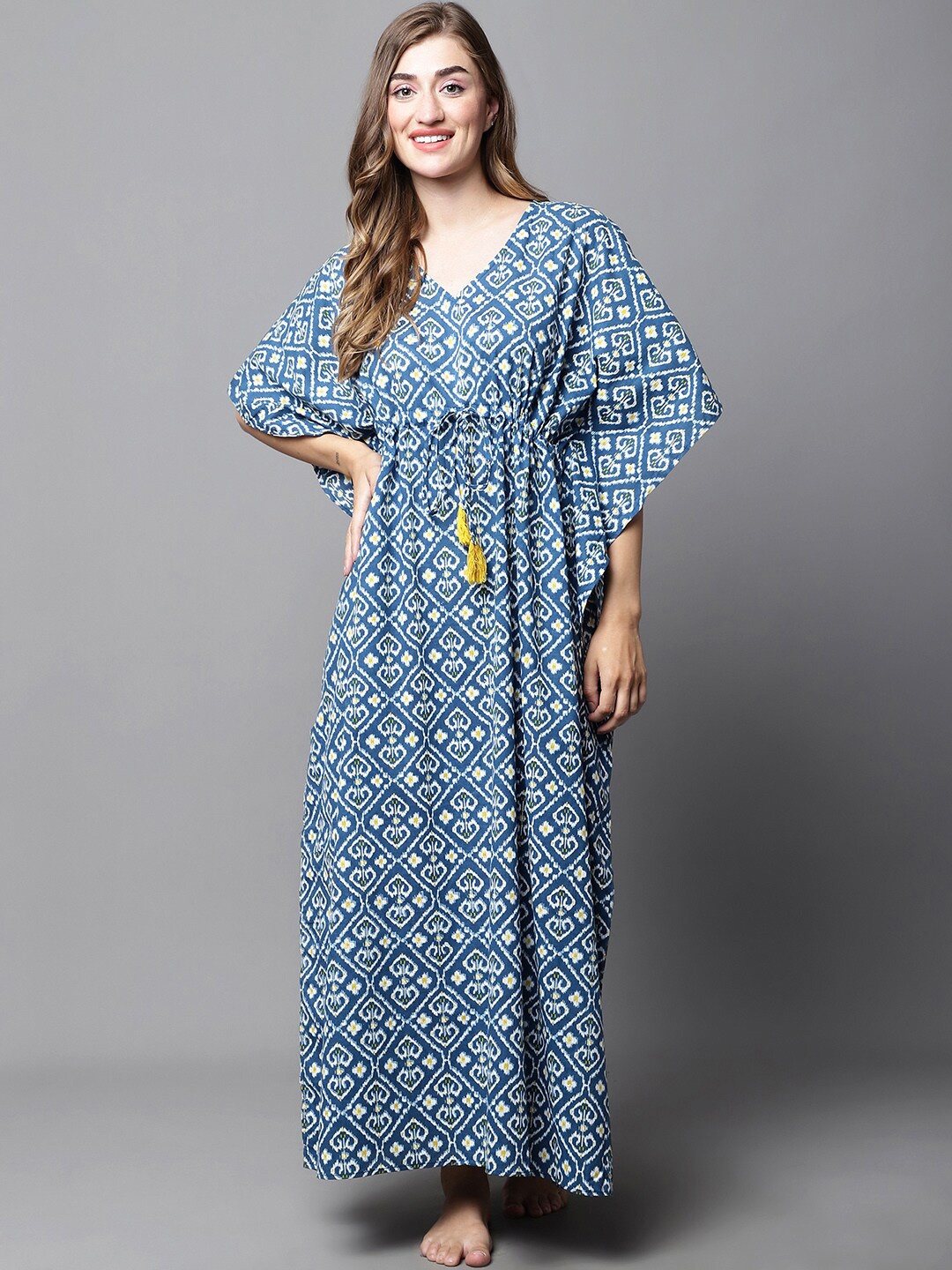 

Secret Wish Ethnic Motifs Printed Pure Cotton Kaftan Maxi Nightdress, Navy blue