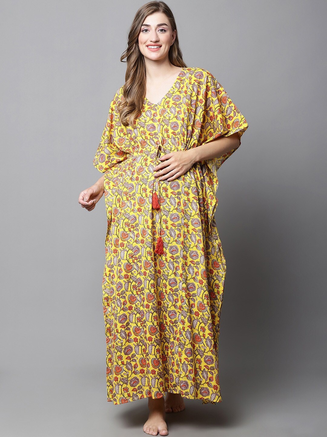 

Secret Wish Floral Printed Pure Cotton Maternity Kaftan Maxi Nightdress, Yellow