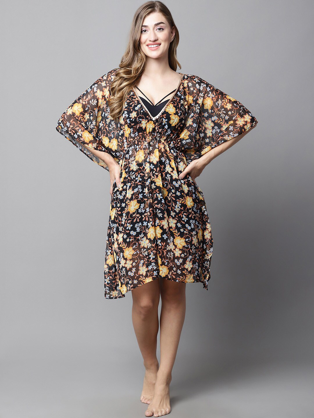 

Secret Wish Floral Printed Cover up Kaftan Top, Black