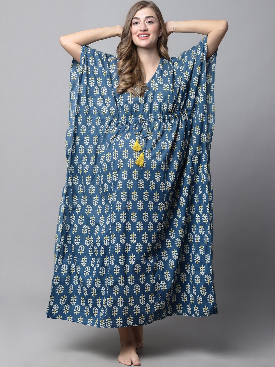 

Secret Wish Floral Printed Pure Cotton Maxi Maternity Kaftan Nightdress, Navy blue