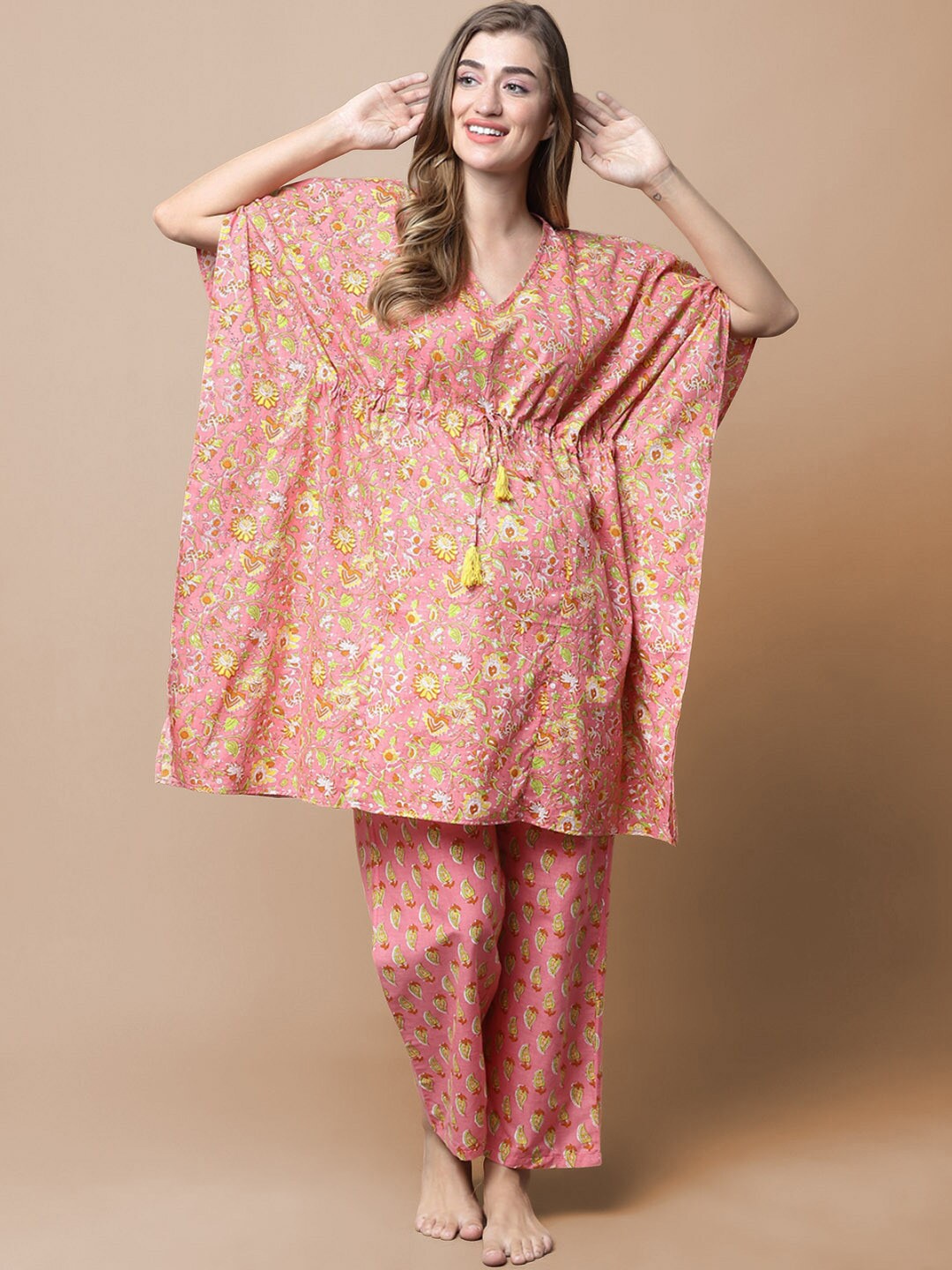 

Secret Wish Floral Printed Pure Cotton Maternity Night suit, Peach