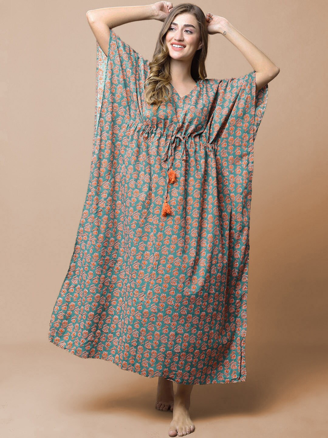 

Secret Wish Floral Printed Pure Cotton Maxi Kaftan Nightdress, Green