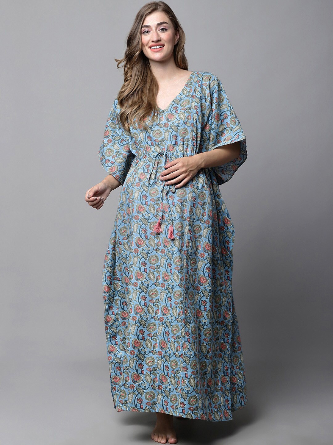 

Secret Wish Floral Printed Pure Cotton Maxi Maternity Kaftan Nightdress, Blue
