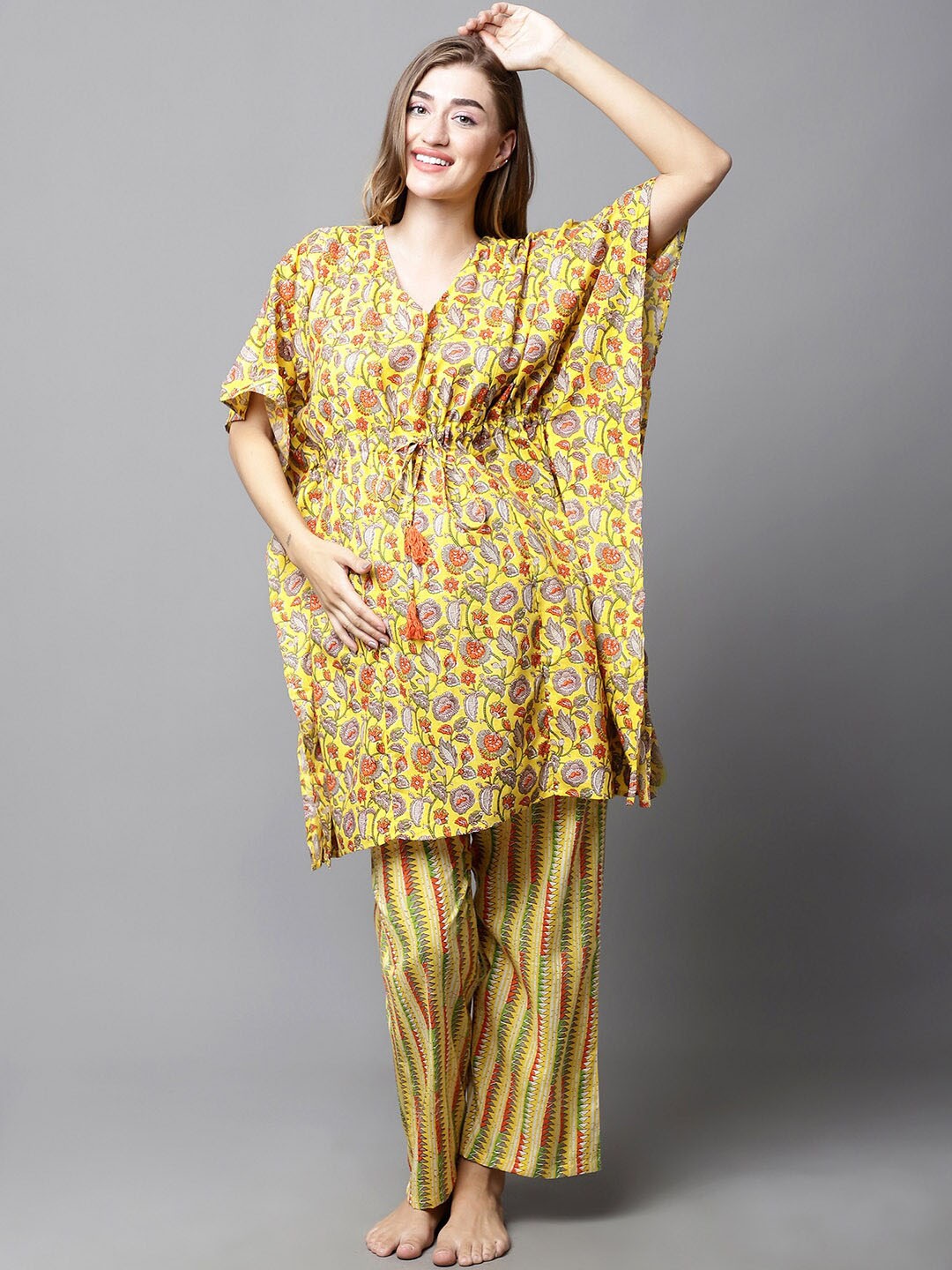 

Secret Wish Floral Printed Pure Cotton Maternity Night suit, Yellow