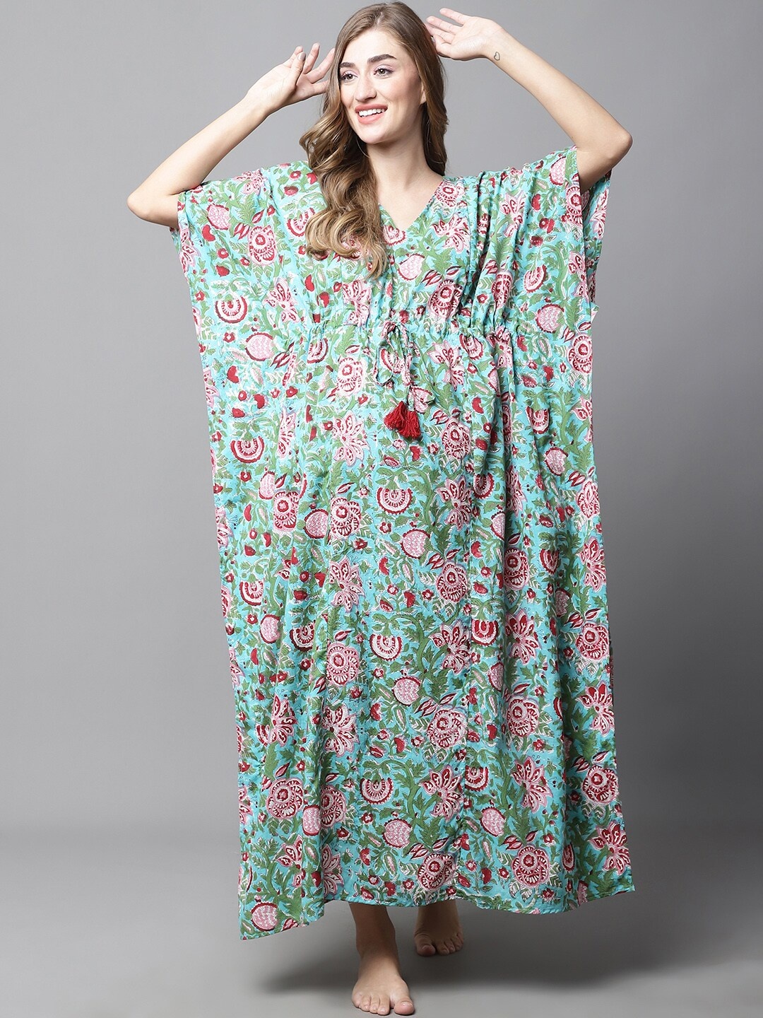 

Secret Wish Floral Printed Pure Cotton Maxi Maternity Kaftan Nightdress, Green