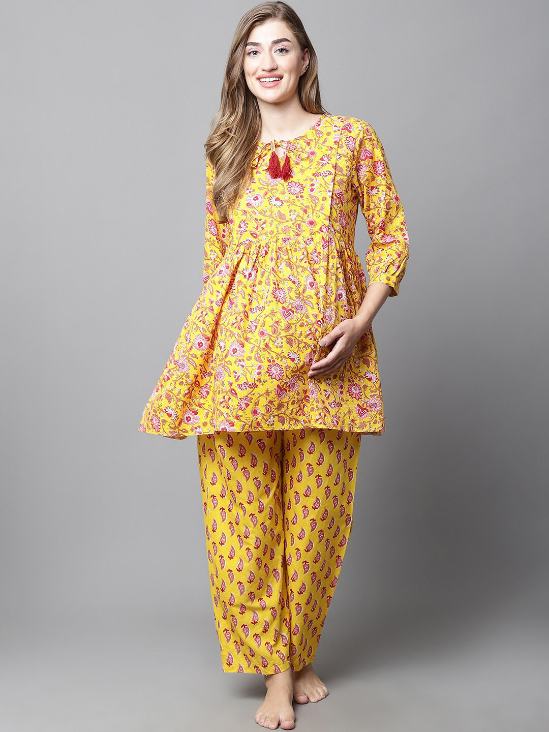 

Secret Wish Floral Printed Pure Cotton Maternity Night suit, Yellow