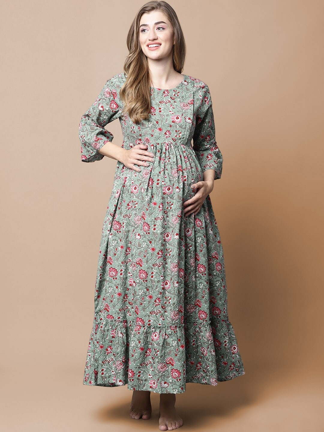 

Secret Wish Floral Printed Pure Cotton Maxi Maternity Nightdress, Green