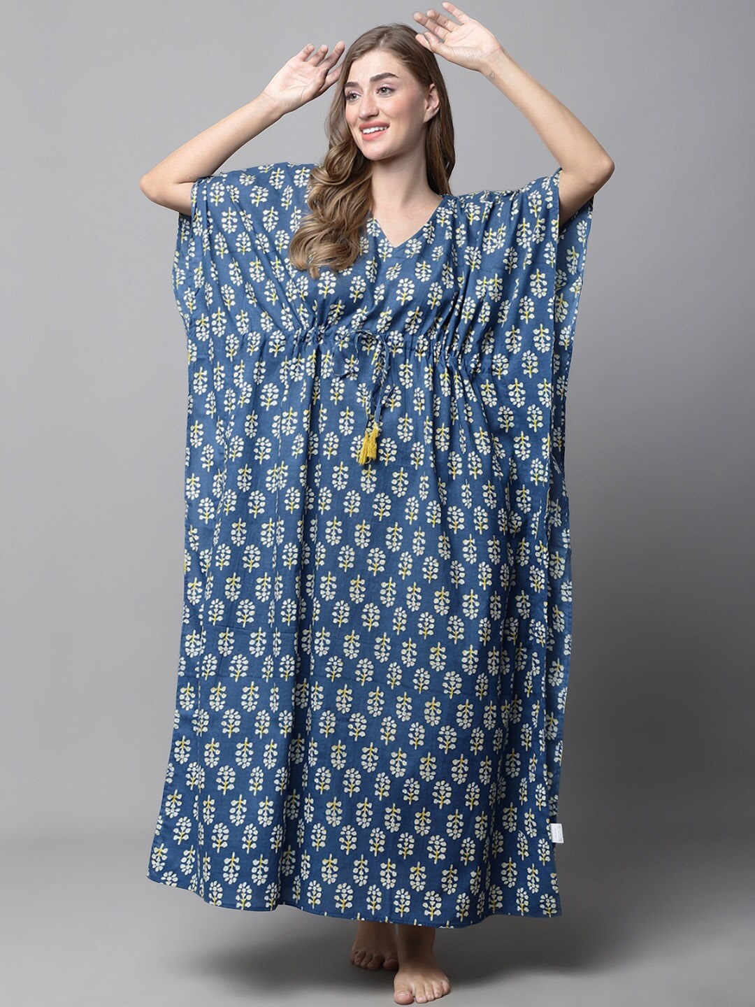 

Secret Wish Floral Printed Pure Cotton Maxi Kaftan Nightdress, Navy blue