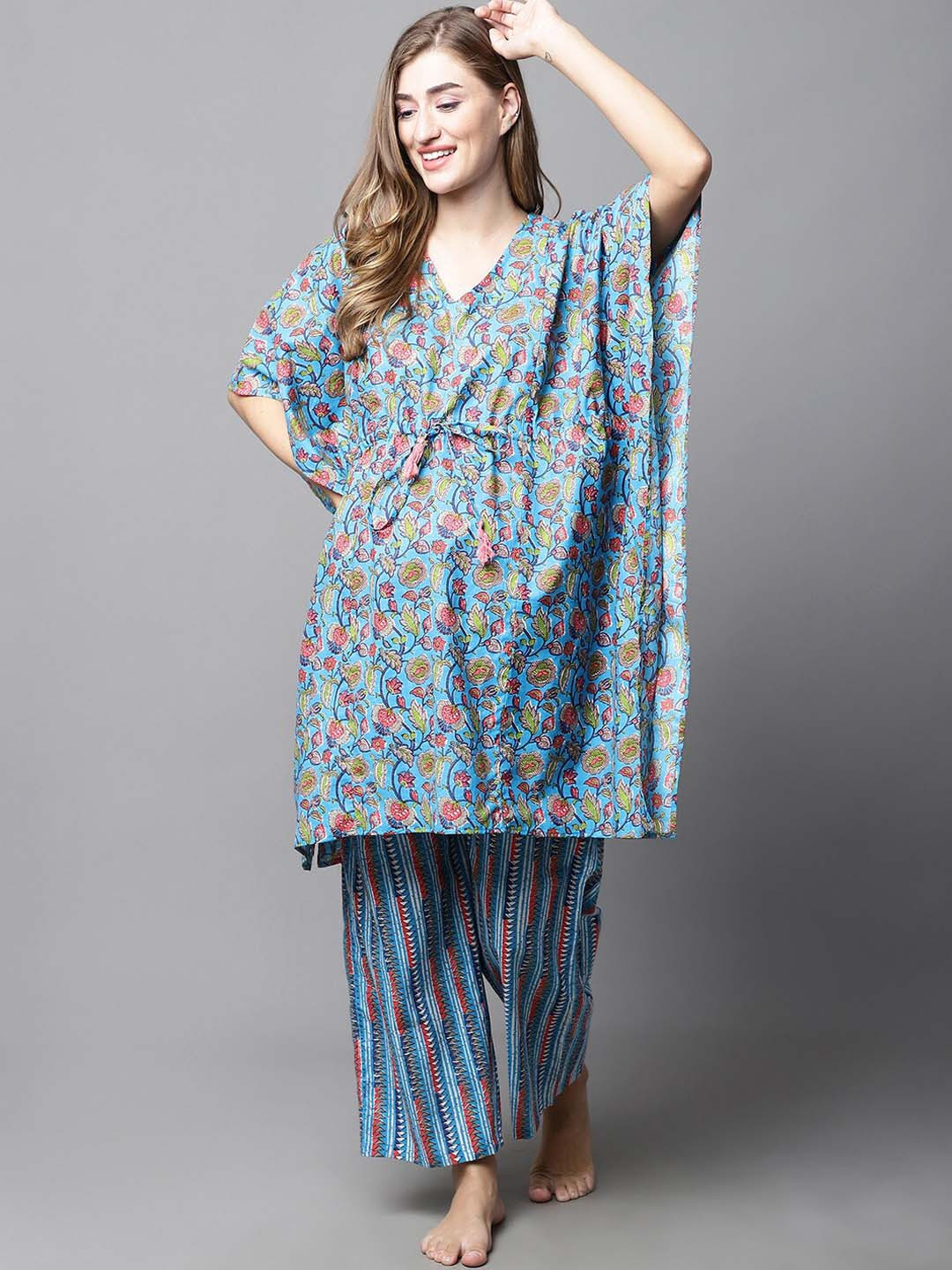 

Secret Wish Floral Printed Pure Cotton Maternity Night suit, Blue