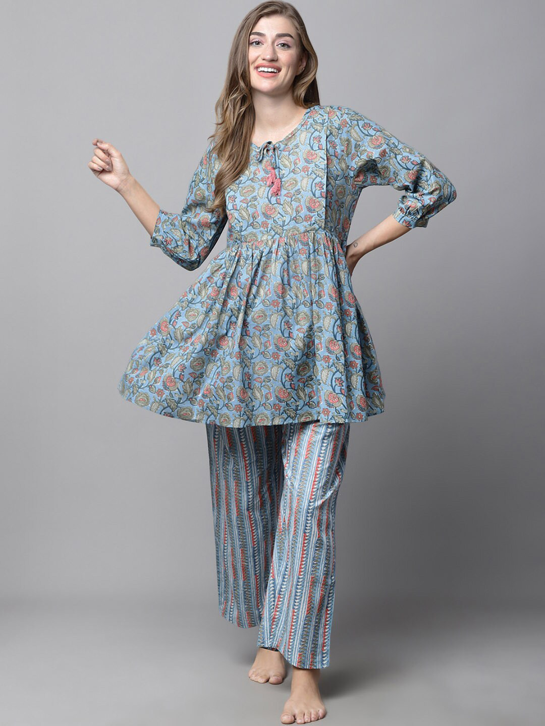 

Secret Wish Floral Printed Pure Cotton Maternity Night suit, Blue