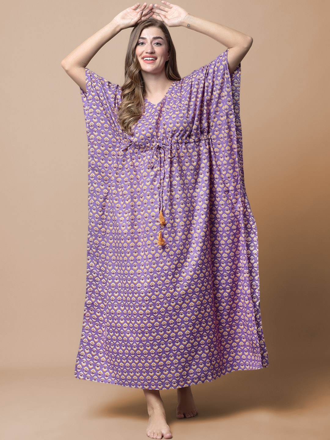 

Secret Wish Ethnic Motifs Printed Pure Cotton Kaftan Maxi Nightdress, Purple