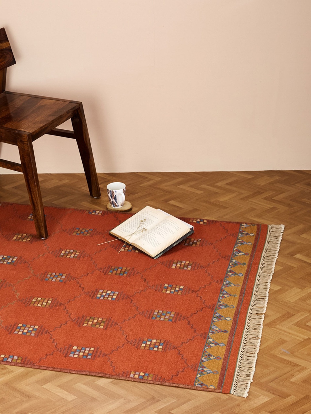 

Fabindia Beige & Blue Printed Woven Dhurrie, Rust